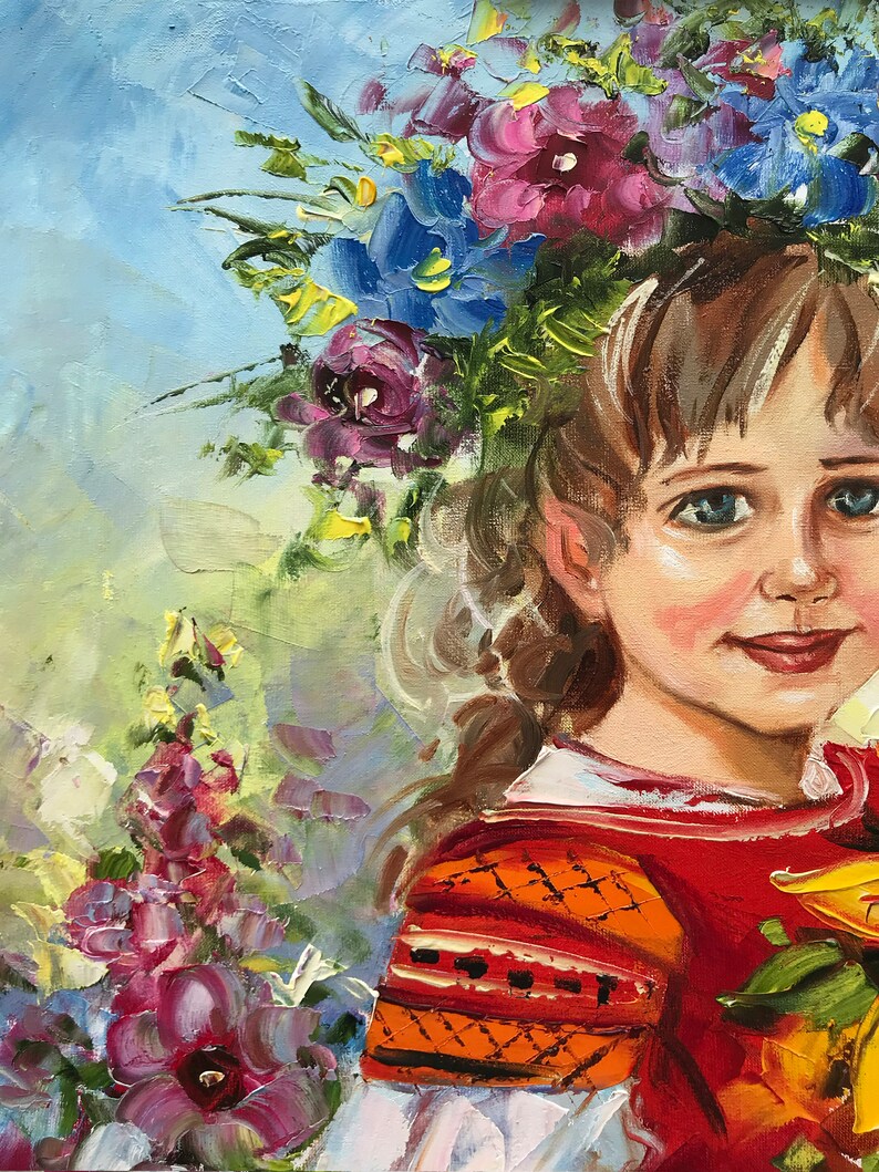 Ukrainian Girl Painting Original Flower Head Girl With Flowers Etsy