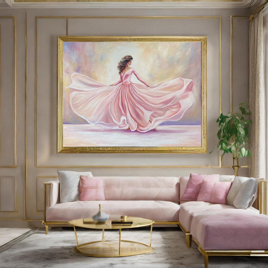Dancing Woman Painting on Canvas Pink Ballerina Wall Art Elegant Lady ...