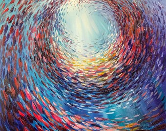 大きな魚の群れの油絵、手描きの水中アート、鮮やかな魚のアート、水中