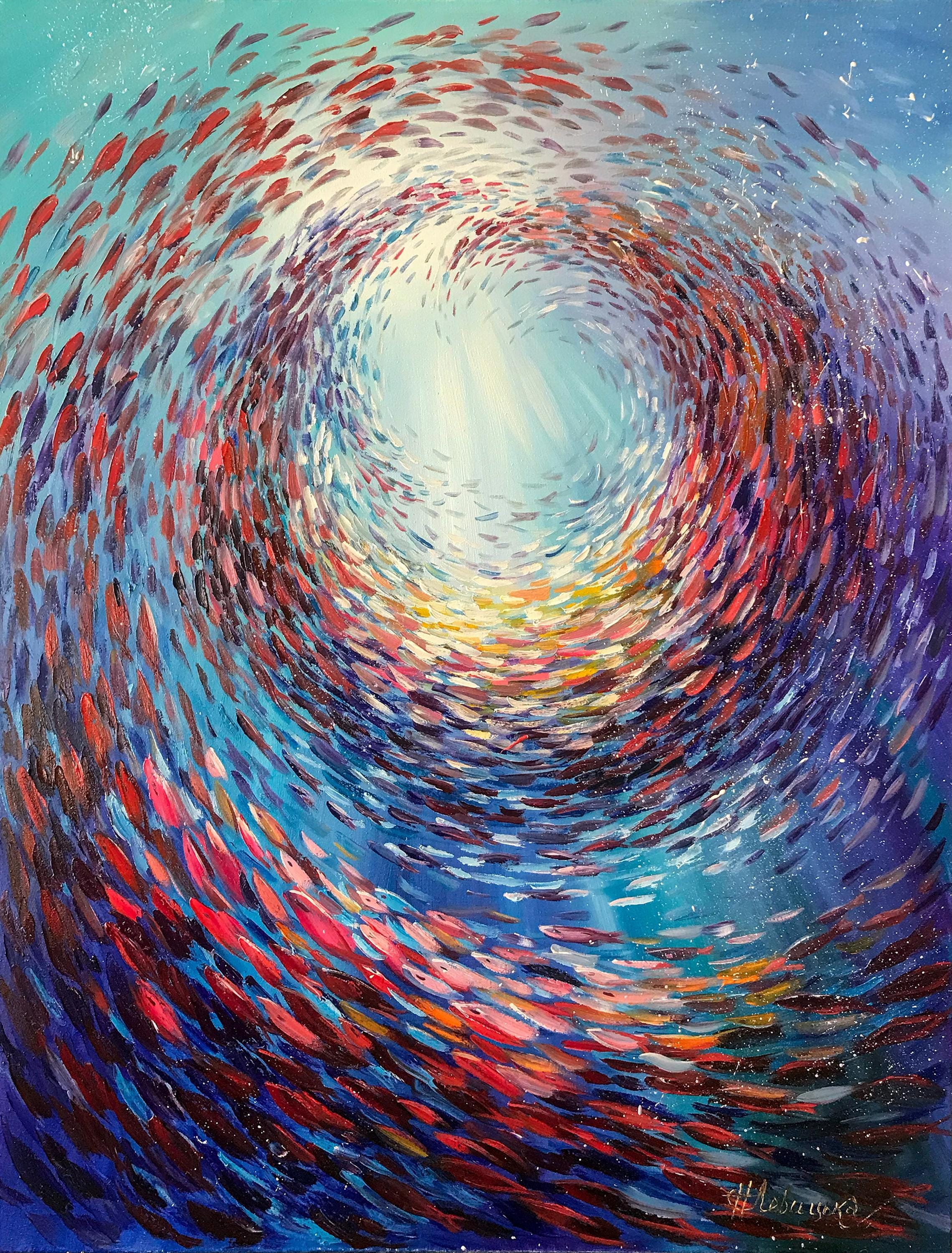 大きな魚の群れの油絵、手描きの水中アート、鮮やかな魚のアート、水中