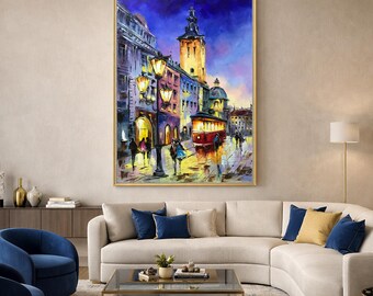 夜の街の油絵 オリジナルの街の風景画 都市景観アート 街の明かりの壁