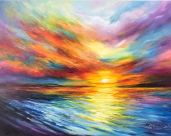 Abstract Colorful Sunset Oil Painting Original, Large Seascape Framed Artwork