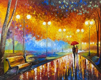 公園を歩くカップルの油絵オリジナルの秋の風景画秋の壁アート雨の中傘