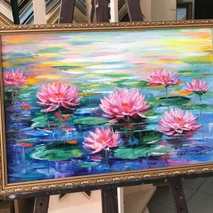 Claude Monet Painting on Canvas Water Lilies Wall Art Pink Lotus Flower ...