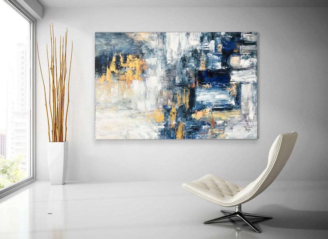 Blue Gold Abstract Painting, Large Wall Art, Contemporary Blue Gold Abstract Painting, Large Wall Art, Contemporary
