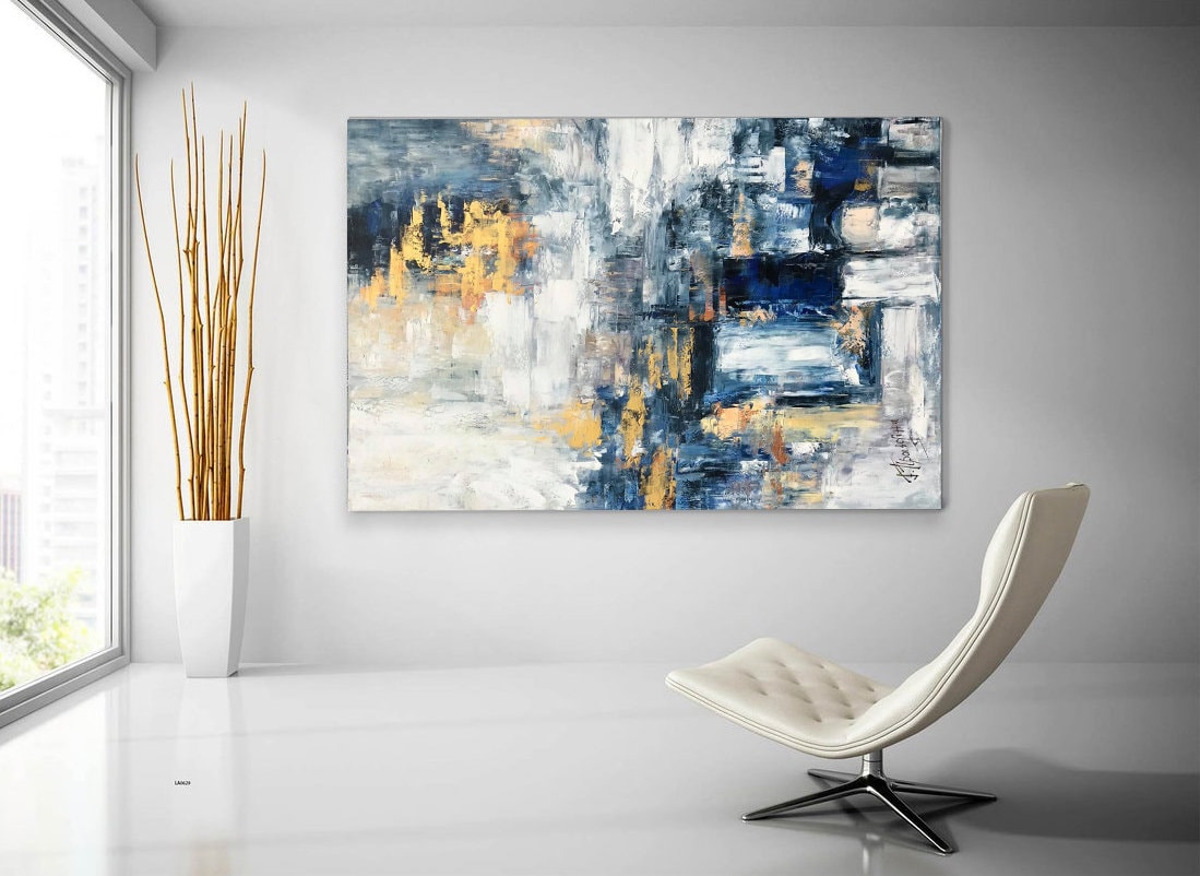 Blue Gold Abstract Painting, Large Wall Art, Contemporary Art