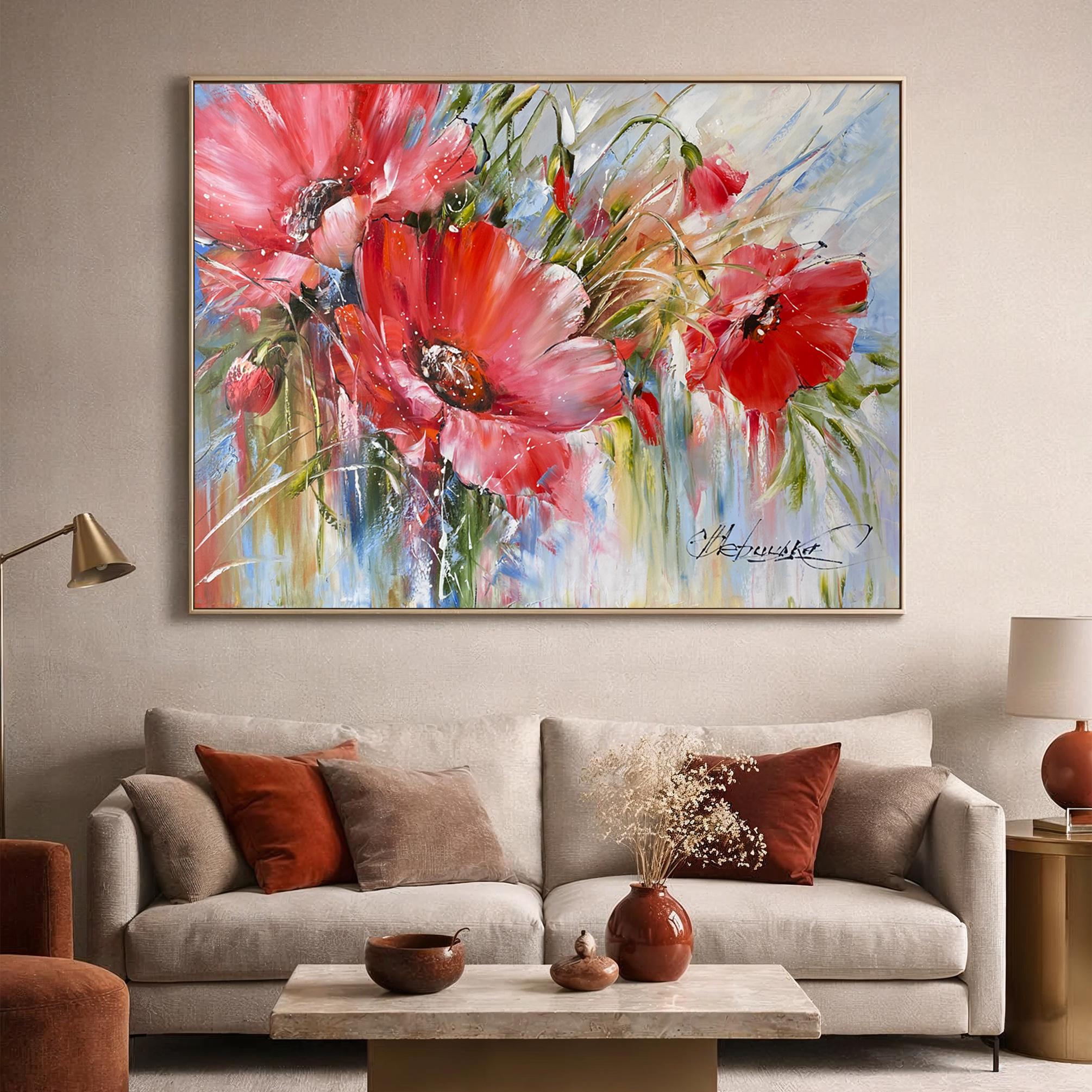Red Poppies Original Painting, Large Blooming Flowers Wall Art, Poppy ...