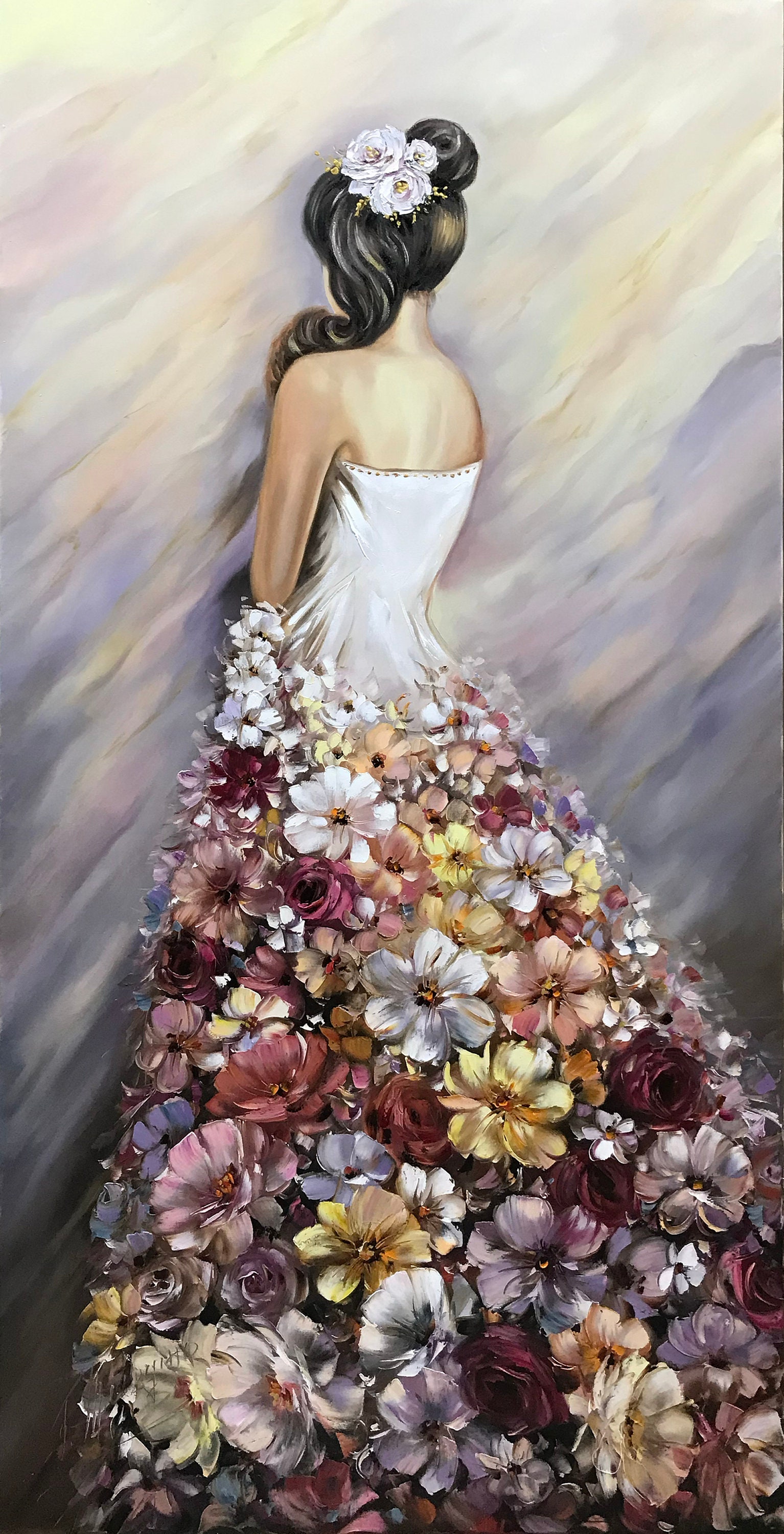 long dress painting Evening Dress with Pink Feathers by Beverly Brown Prints