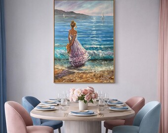 ビーチガールの油絵 海辺の女性 ウォールアート 彼女へのロマンチック