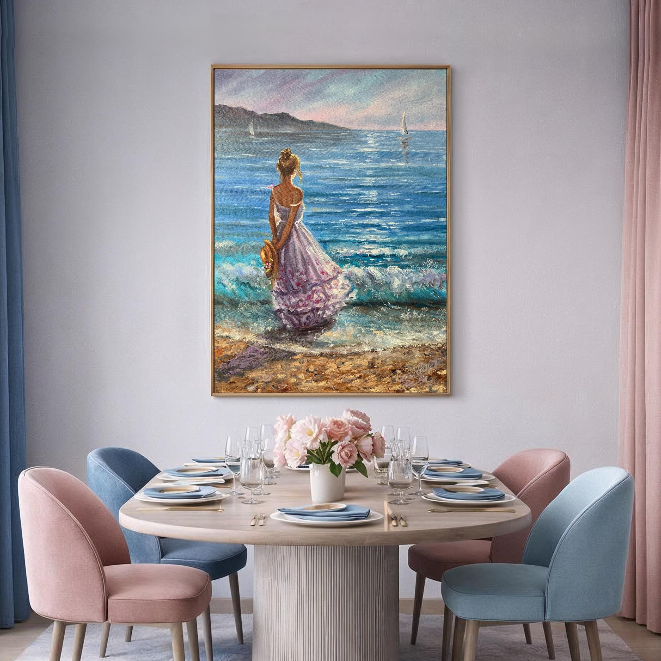 ビーチガールの油絵 海辺の女性 ウォールアート 彼女へのロマンチック