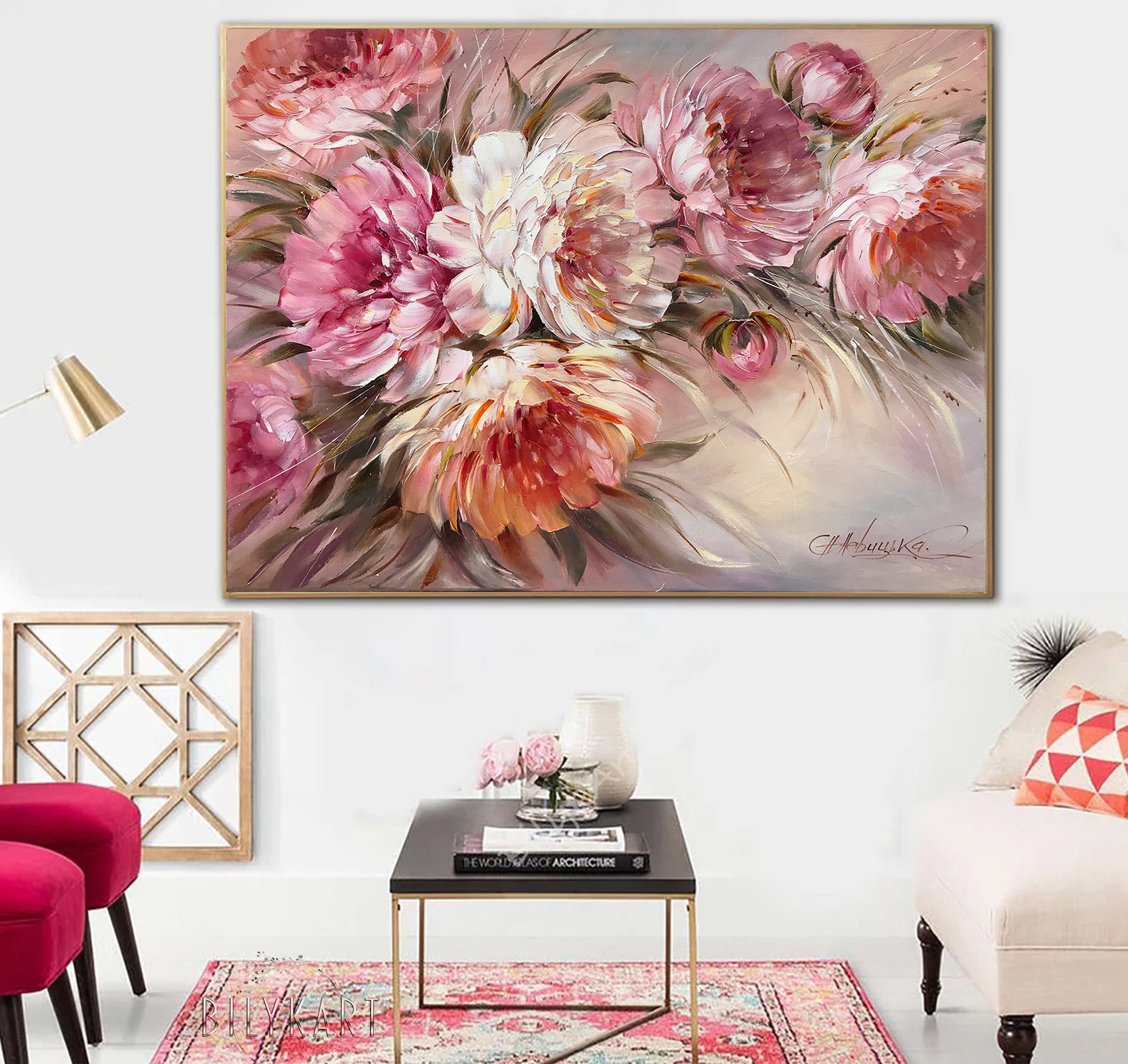 Pink Peonies Original Painting Large Blooming Flowers Wall - Etsy