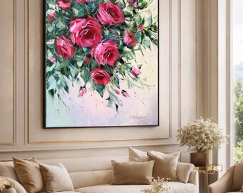 キャンバスに描かれた抽象的なバラの絵画、ピンクのバラの壁アート