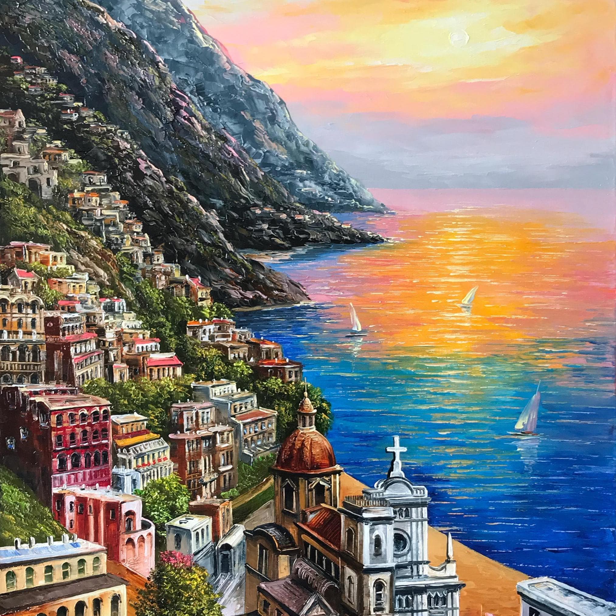 イタリアのレモンの木を描いたキャンバス油絵：カラフルなポジターノ