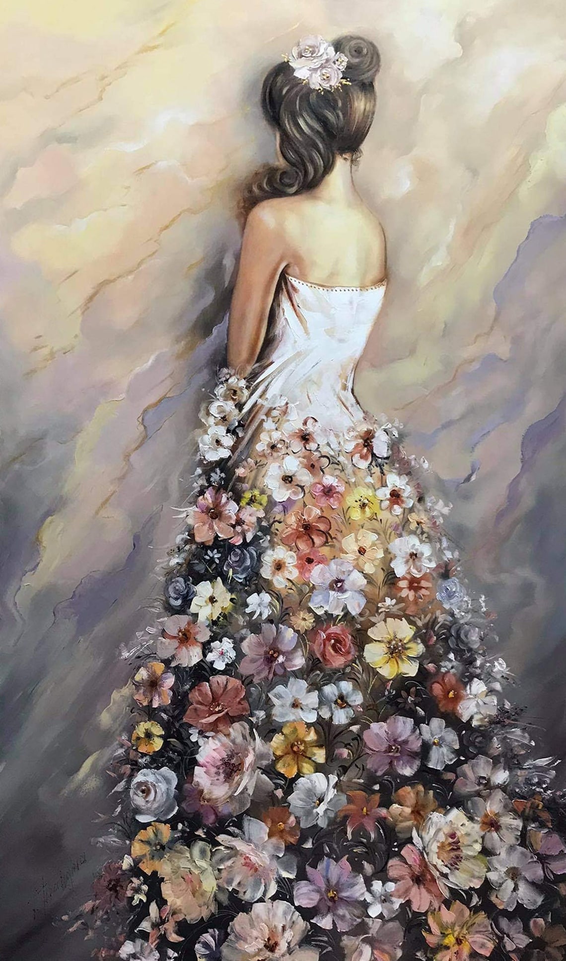 Girl in Flower Dress Painting Pastel Floral Art Elegant Woman Etsy