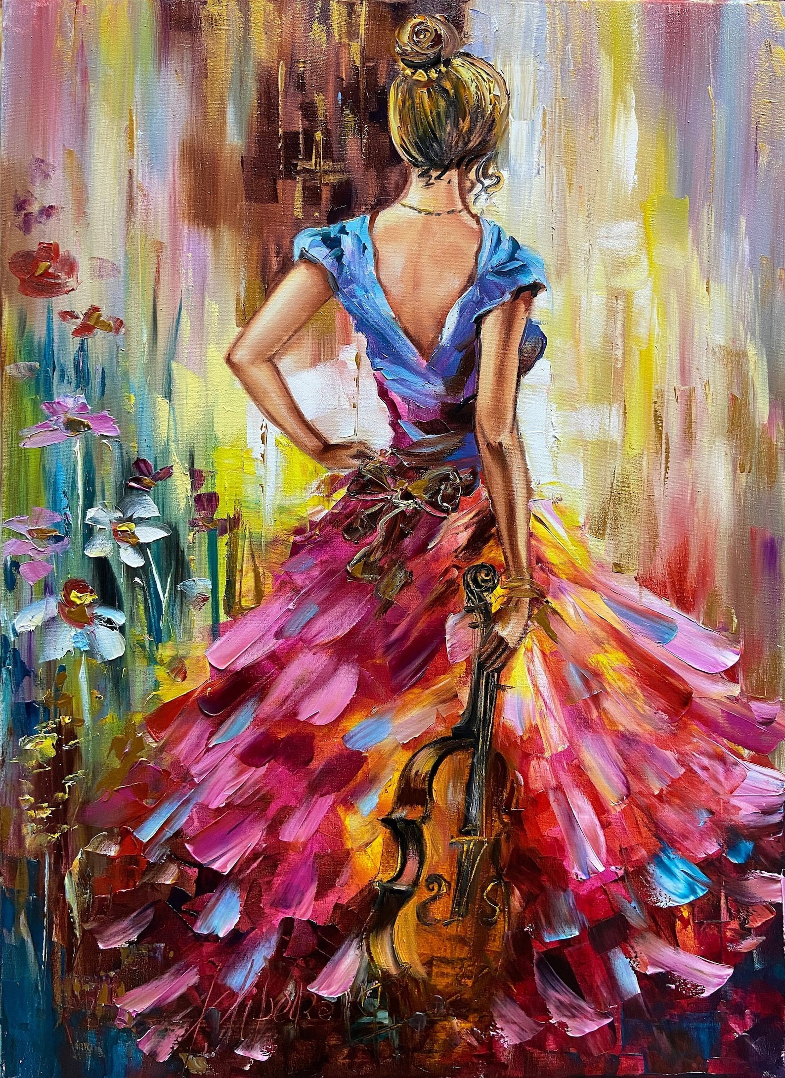 Violin Girl Oil Painting Canvas Original Beautiful Woman Wall - Etsy