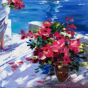 Woman at Sea Painting Original Santorini Painting on Canvas Seaside Artwork Girl Looking at the Sea Painting Greece Oil Painting Summer Gift image 8