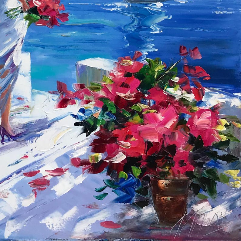Woman at Sea Painting Original Santorini Painting on Canvas Seaside Artwork Girl Looking at the Sea Painting Greece Oil Painting Summer Gift image 8