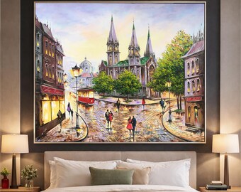 大きな都市風景の油絵、オリジナルのヨーロッパの都市の壁画