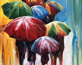 抽象的な傘の絵画 モダンな雨の日のアート オリジナルの傘のアート装飾