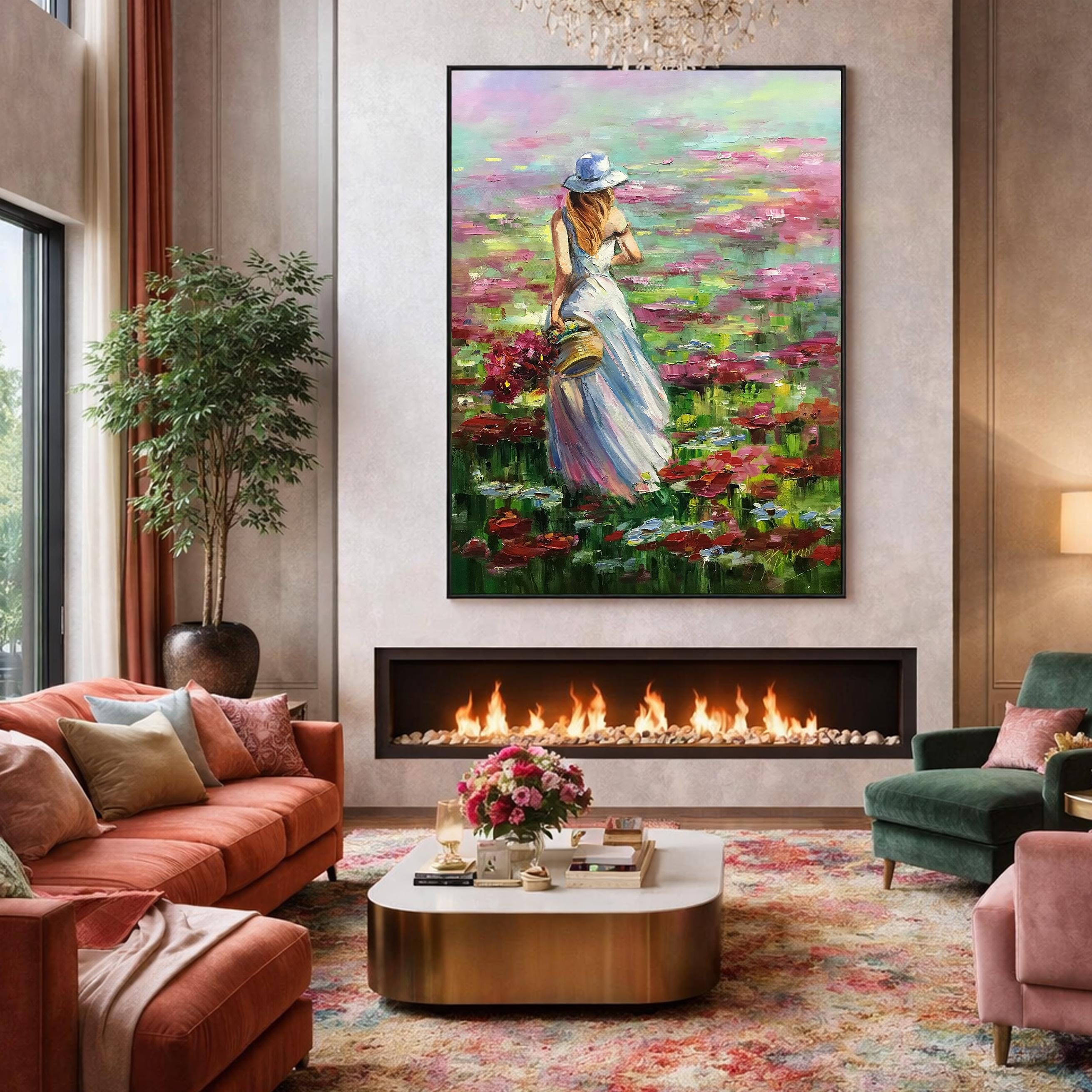 Woman With Flowers Oil Painting, Framed Wildflower Meadow Artwork 30x40 ...