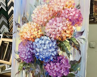 油絵 絵画 【Hydrangea】 Hydrangea Painting Impasto Oil Painting Floral Art Original