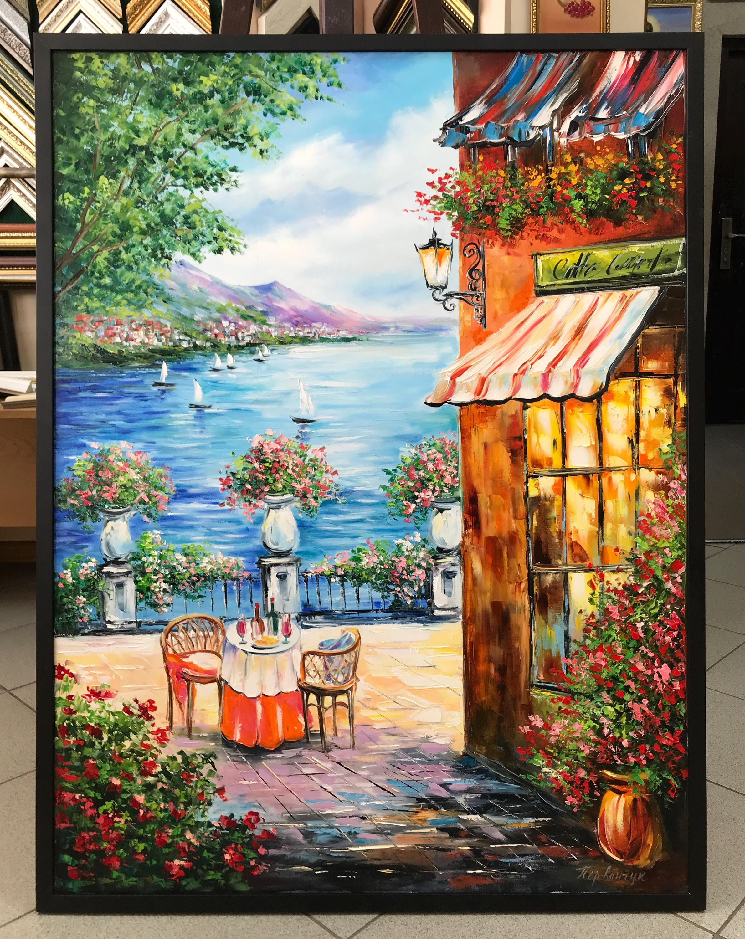 イタリアのカフェを描いた油絵オリジナル、イタリアの海辺の村のアート