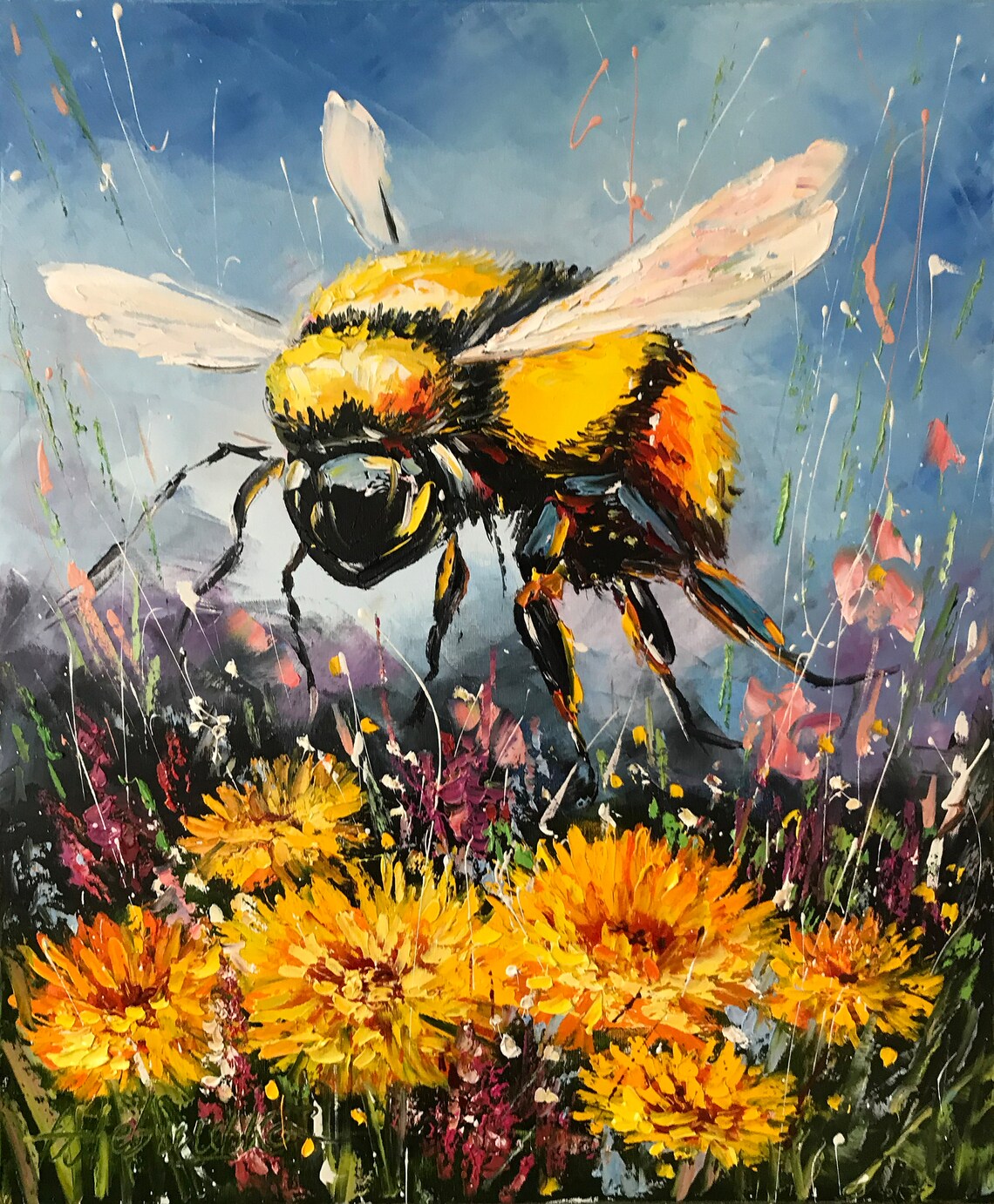 Original Bumble Bee Oil Painting, Blue and Yellow Insect Wall Art - Etsy