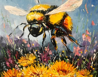 Original Bumble Bee Oil Painting, Blue and Yellow Insect Wall Art