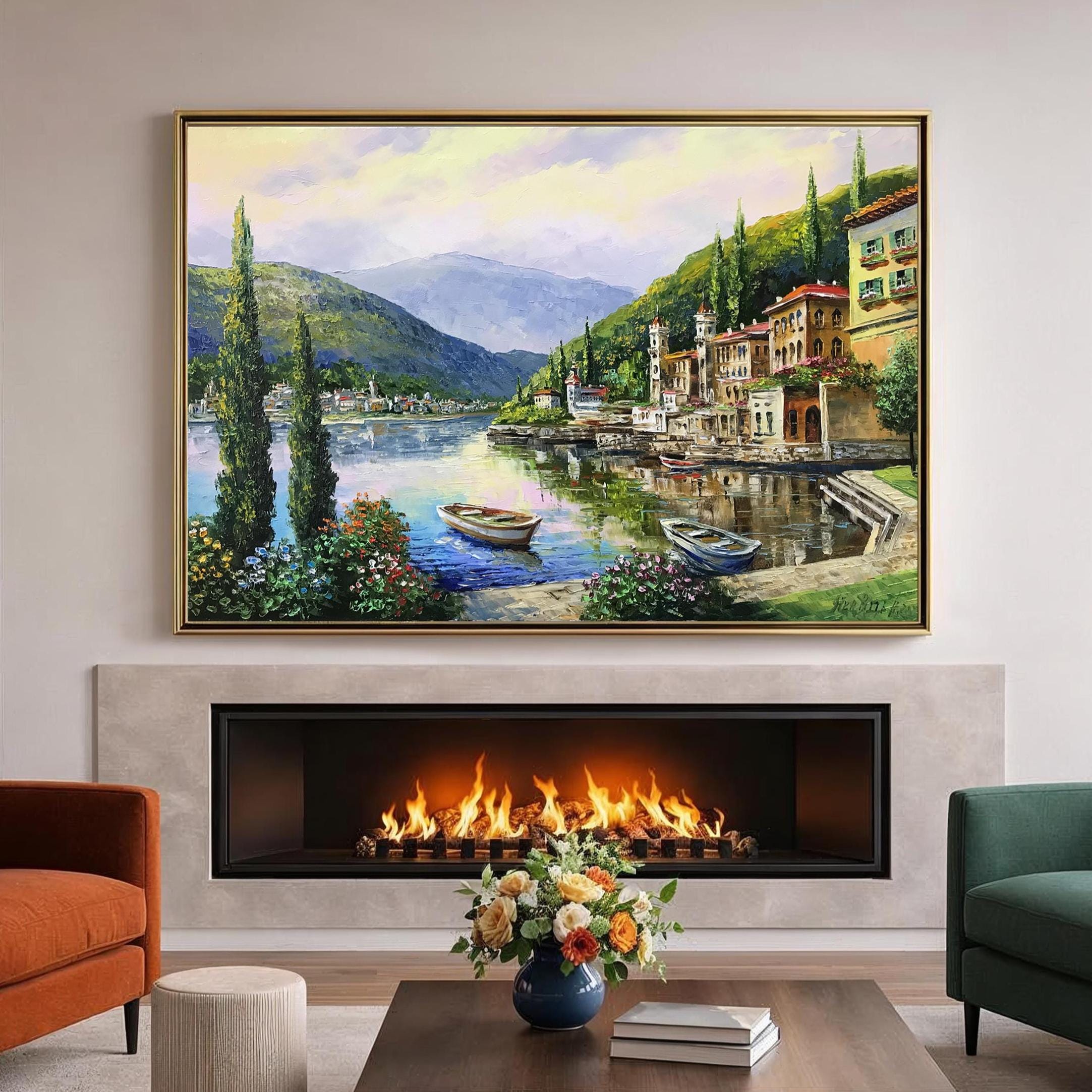 コモ湖の油絵 オリジナルイタリア風景画 キャンバス イタリアアート