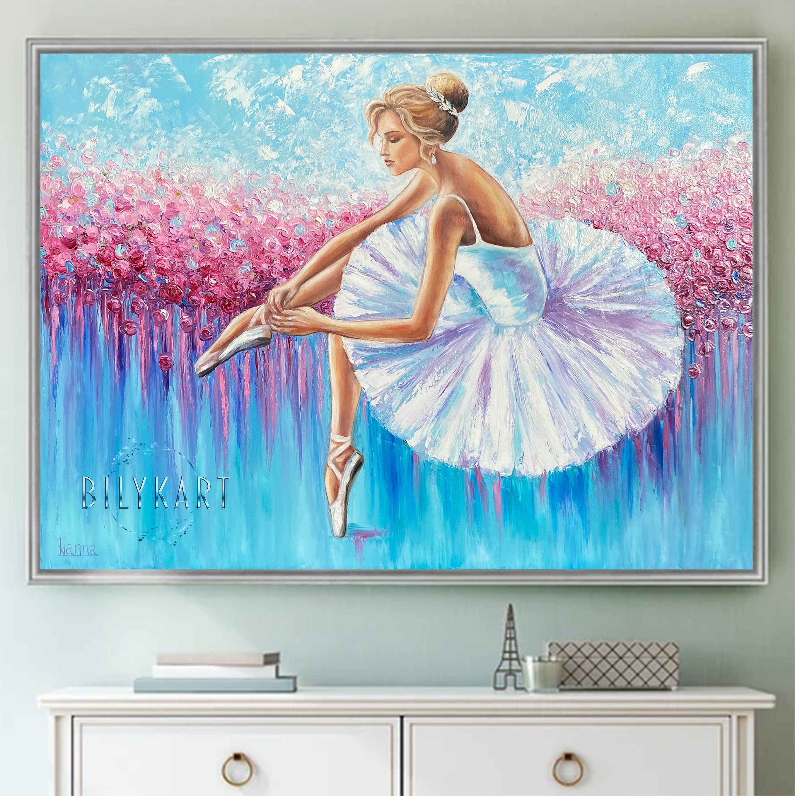 バレリーナ 油彩画 紫のドレス　油絵　30号　大型 バレリーナのパフォーマンス後のキャンバスの絵画、バレエのトウ