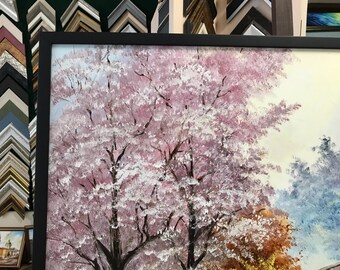 モネの睡蓮の油絵 オリジナル桜アート 日本庭園の絵画 睡蓮の池に