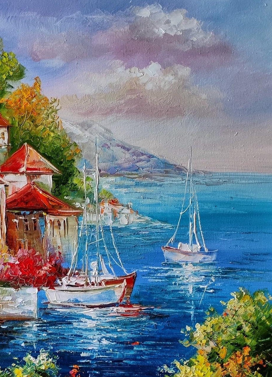 イタリア沿岸のイタリア漁船を描いたポルトフィーノの絵画、地中海風
