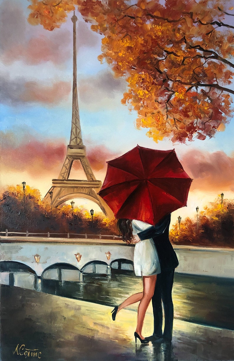 Paris Romance Wall Art Red Umbrella Eiffel Tower Original Oil | Etsy