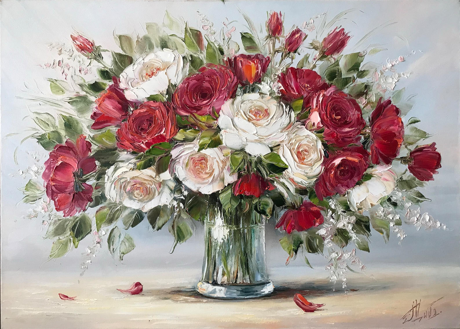 Red Roses Oil Painting Original Flowers in a Vase Painting Classic Wall ...