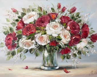 油彩画 バラの花束 金色フレーム 約42cm x 32cm