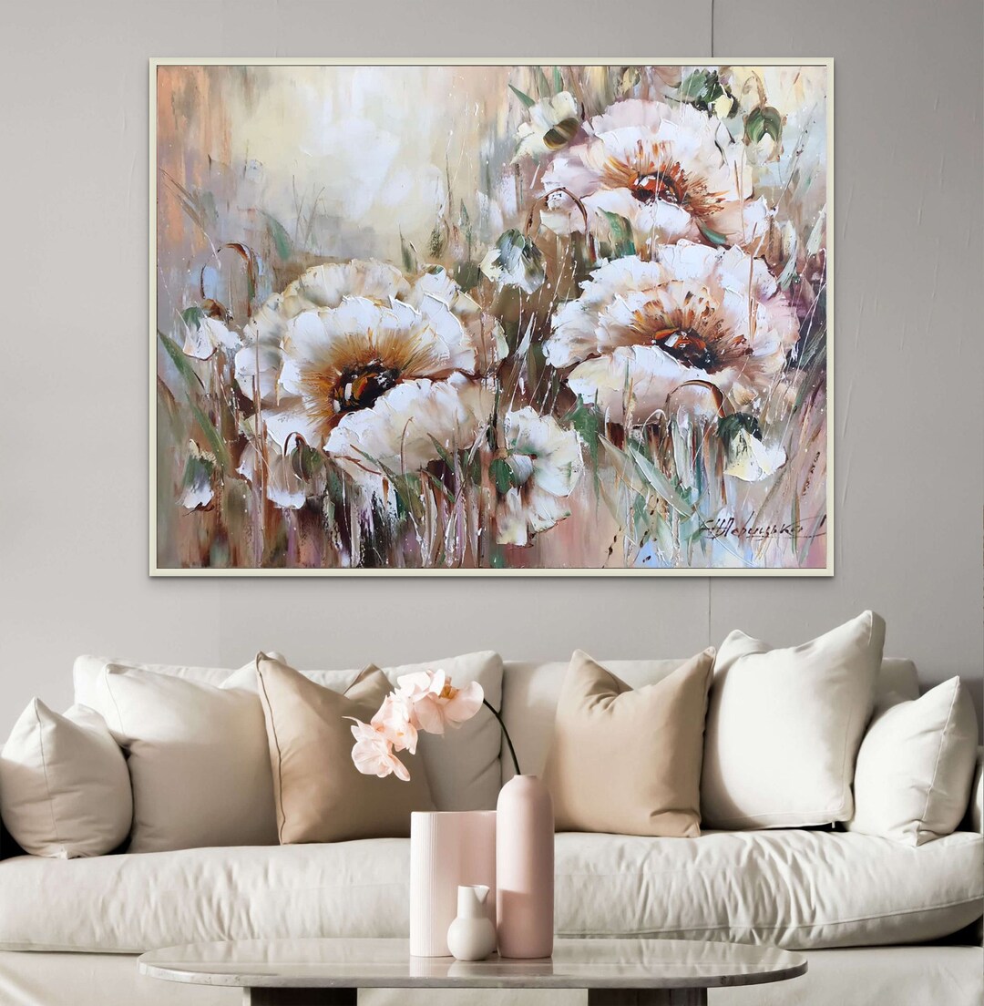 Big Abstract Flower Oil Painting Beige Floral Wall Art Neutral Color Flower Paintings Large