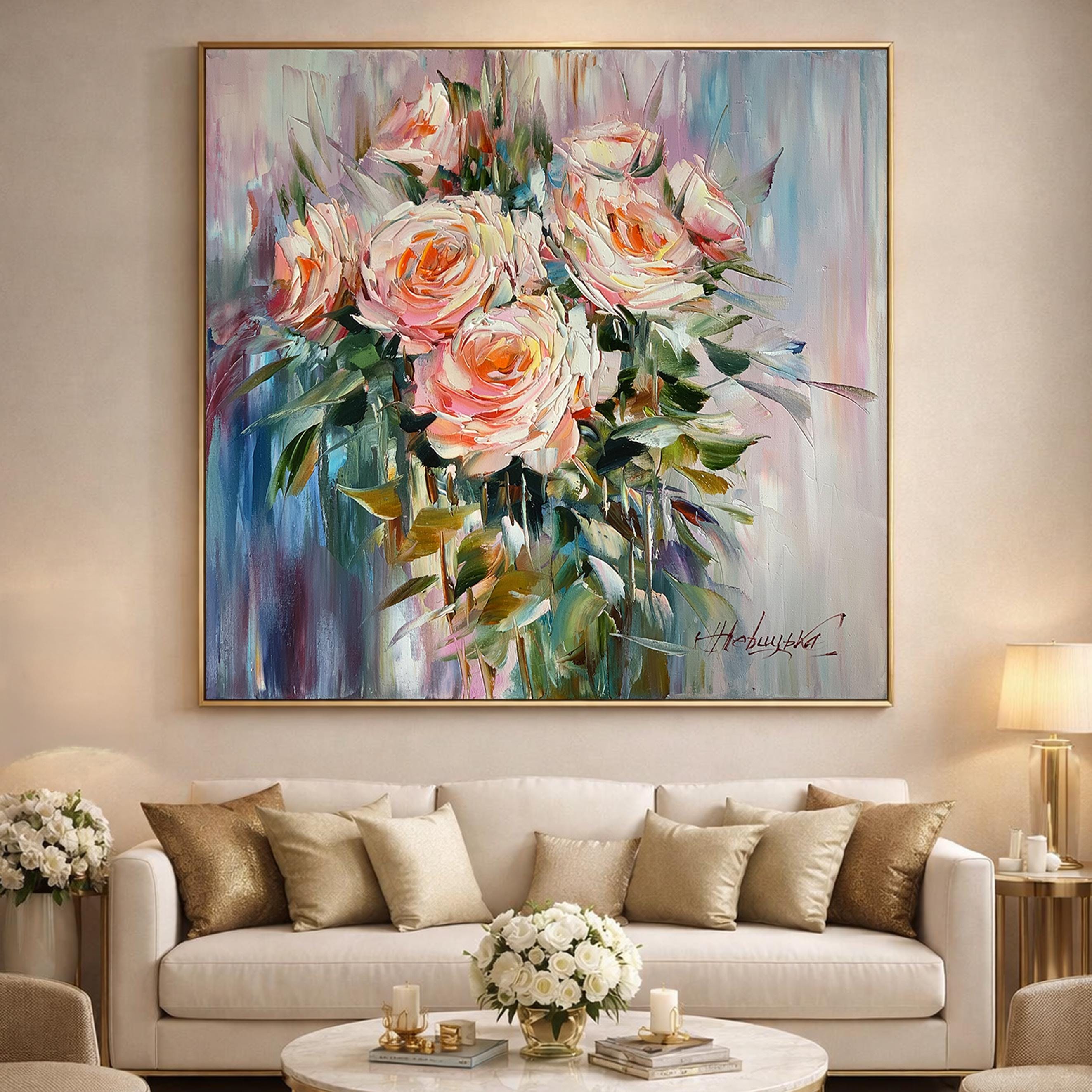 抽象的なバラの油絵、花のキャンバス壁アート - Etsy 日本