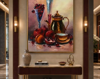 静物画「朝食」油絵、額入りキッチンウォールアート、フルーツと紅茶の