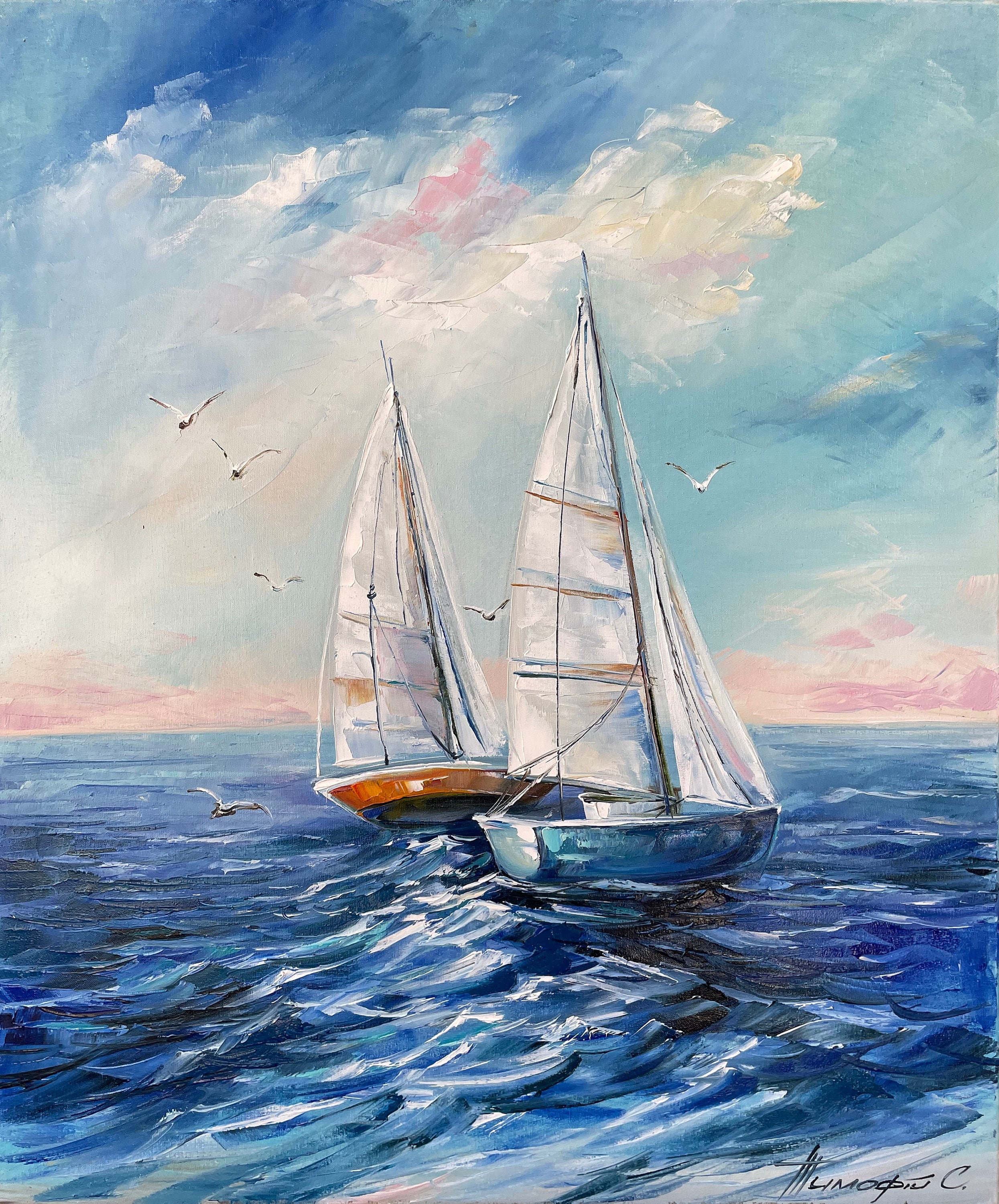 帆船の絵画 青い海のキャンバスの油絵 オリジナルの船のアート
