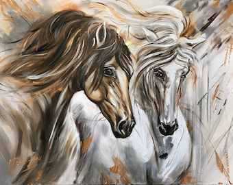 Two Horses Oil Painting Original Large Abstract Equine Art, Framed Equestrian Artwork