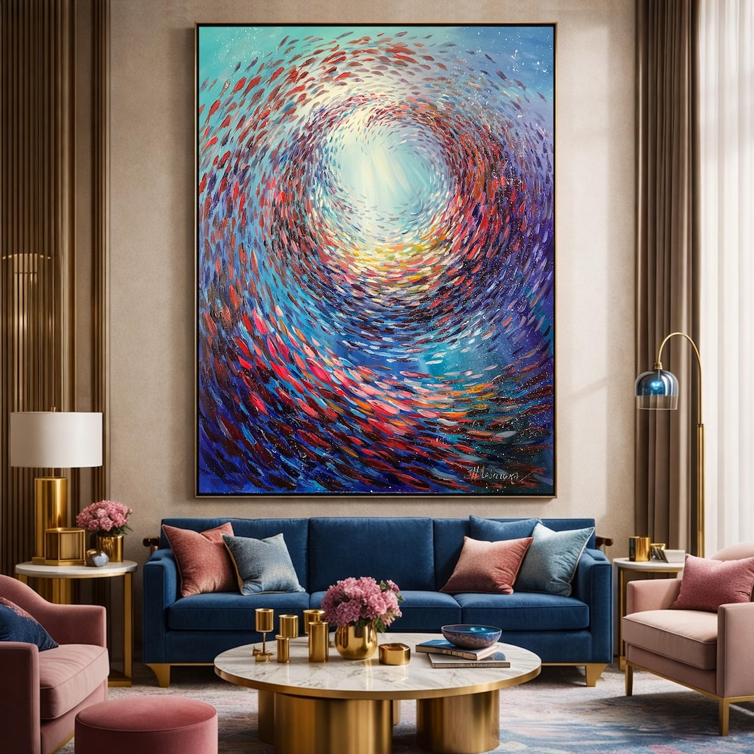 魚の群れを描いた壁掛け抽象画、鮮やかな魚の群れのアート、額装された