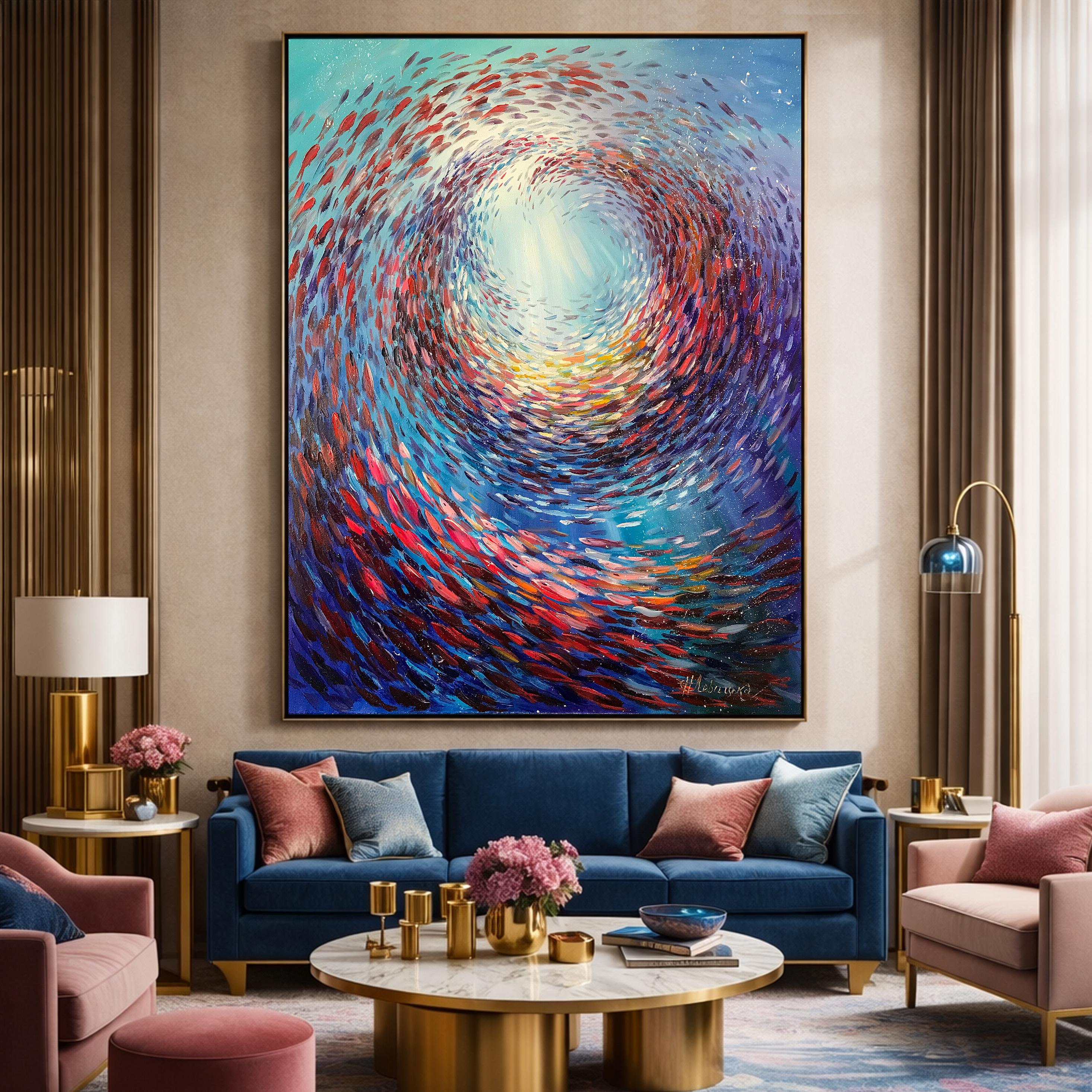 魚の群れを描いた壁掛け抽象画、鮮やかな魚の群れのアート、額装された