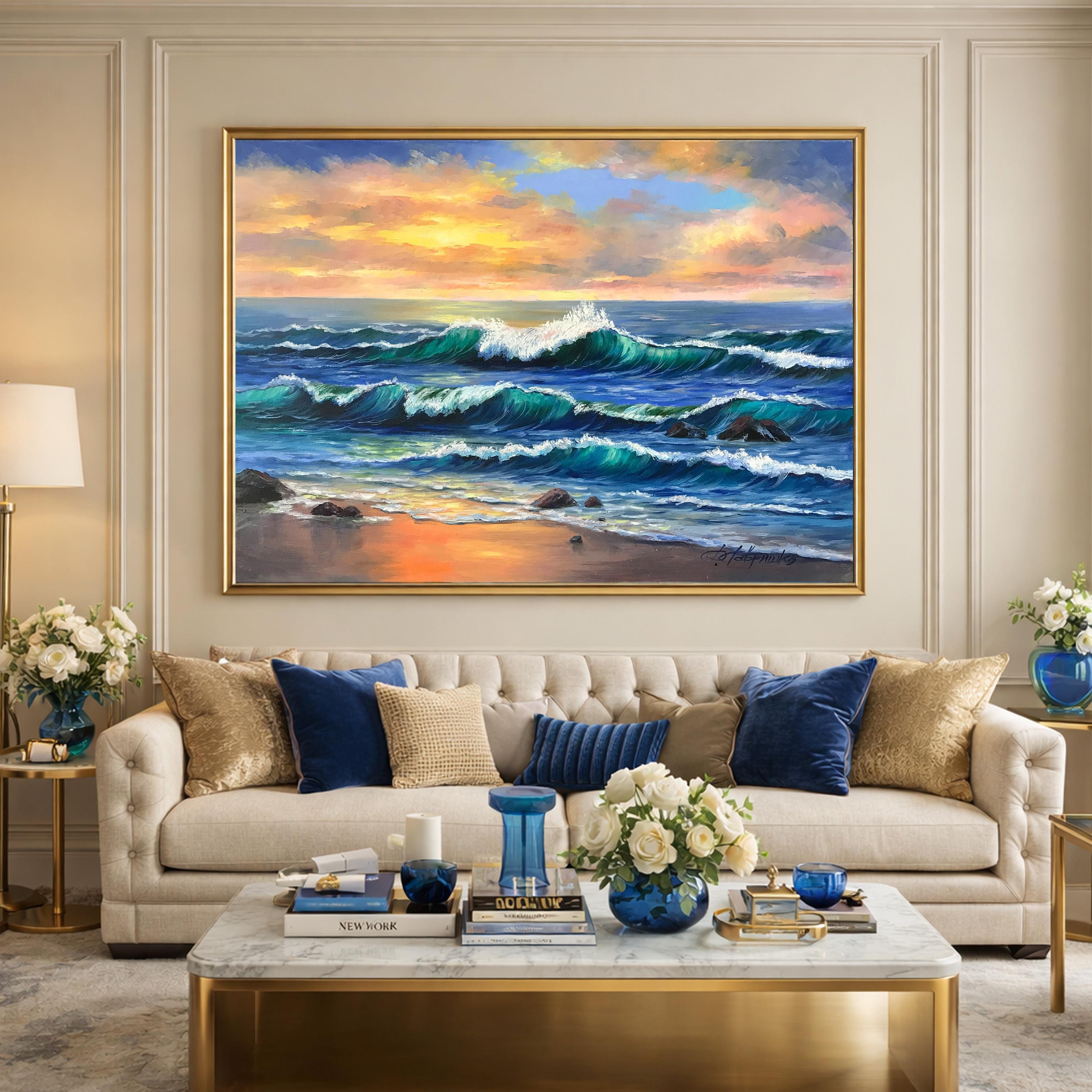 海岸の絵画 オリジナルのビーチの風景画 キャンバス オーシャンサイド