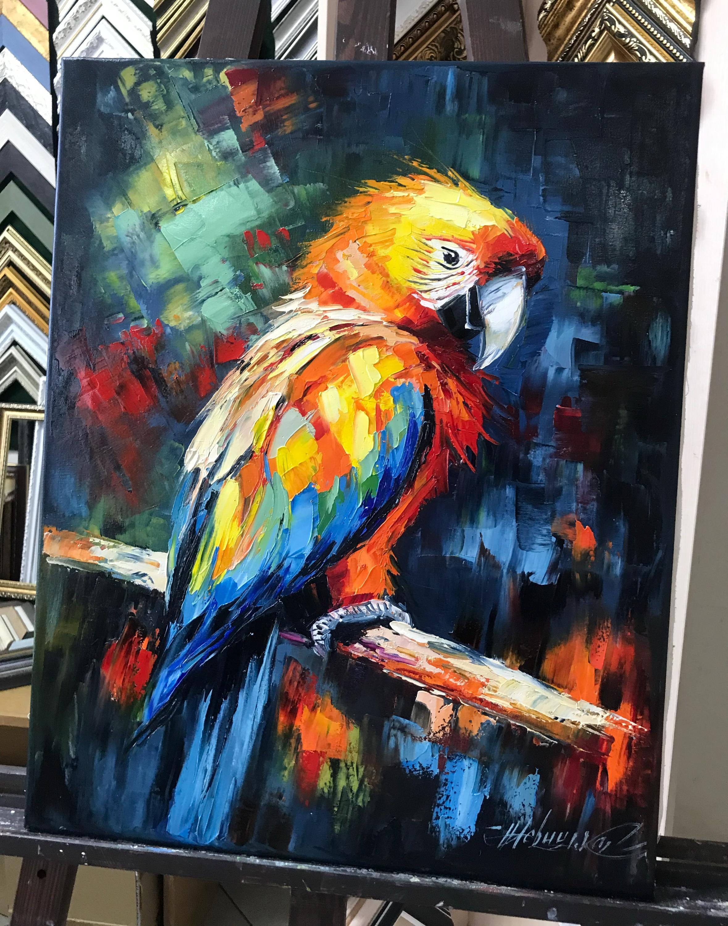 キャンバスに描かれたオウムの絵画 小鳥の油絵 オリジナルの