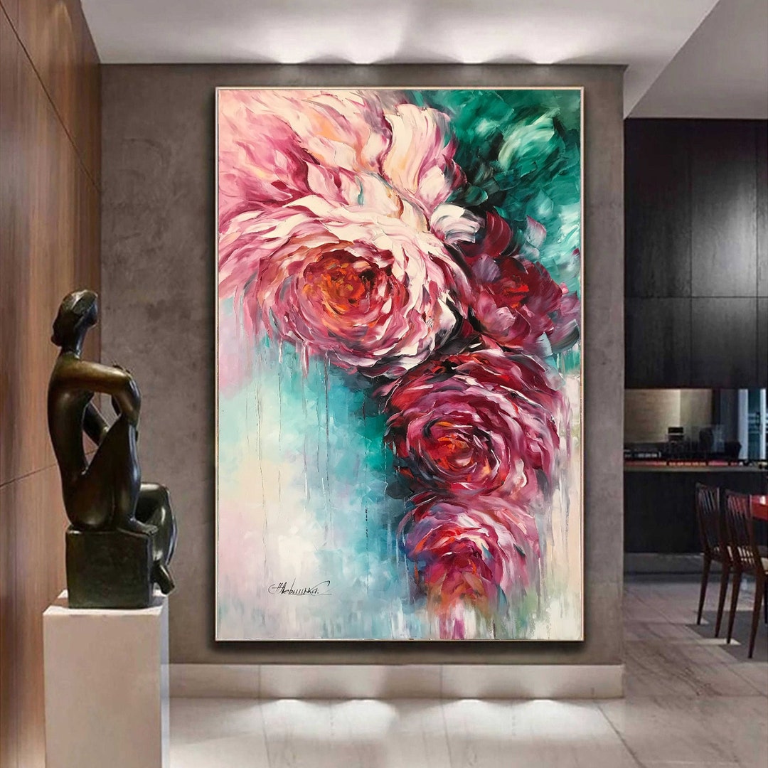 Large Roses Painting Abstract Red Flowers Wall Art Contemporary Flower ...