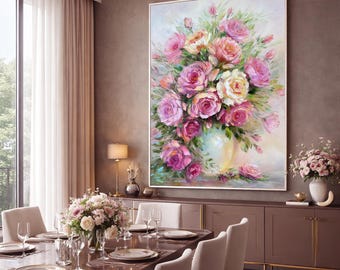 ピンクのバラの油絵 オリジナルの花瓶に入った花の絵画 クラシックな壁
