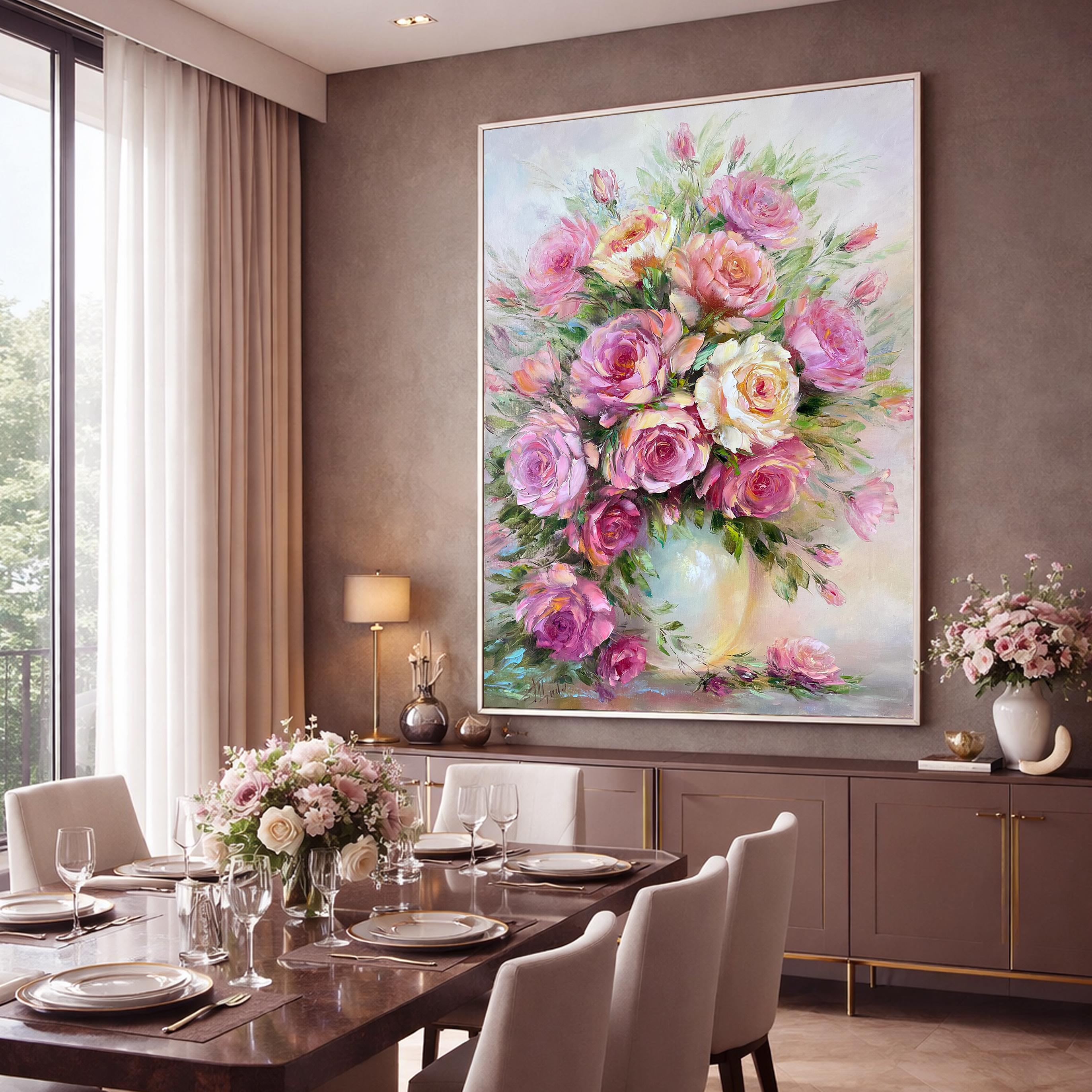 ピンクのバラの油絵 オリジナルの花瓶に入った花の絵画 クラシックな壁