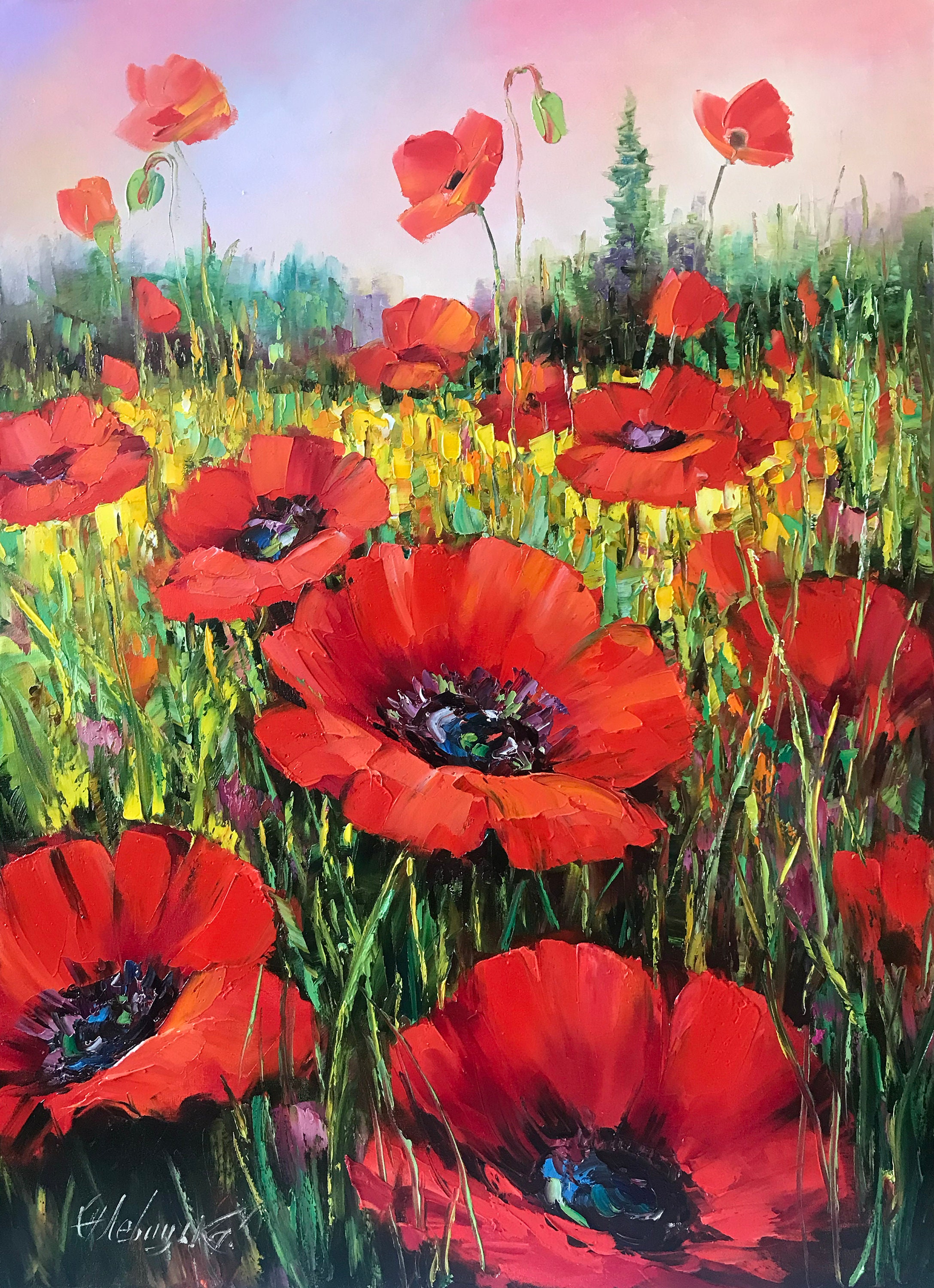 赤いポピーの絵画 手描きの野生の花畑の壁アート キャンバスに 赤いポピーの絵画 手描きの野生の花畑の壁アート キャンバスに