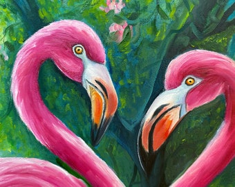 キャンバスに描かれたピンクのフラミンゴの絵画 熱帯雨林の熱帯動物の
