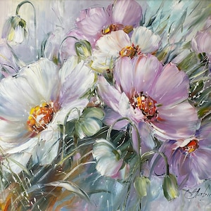 Large Flowers Oil Painting Original Daisy Wall Art Saga Green Purple Dining Room Decor Above Bed Art 40x30 Realistic Flower Daisy Painting image 1